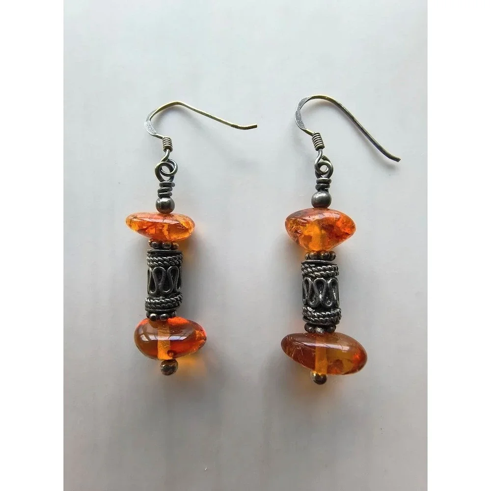 Vtg Sterling Silver‎ Baltic Amber Drop Earrings Cognac Honey Artisan Dangle 925